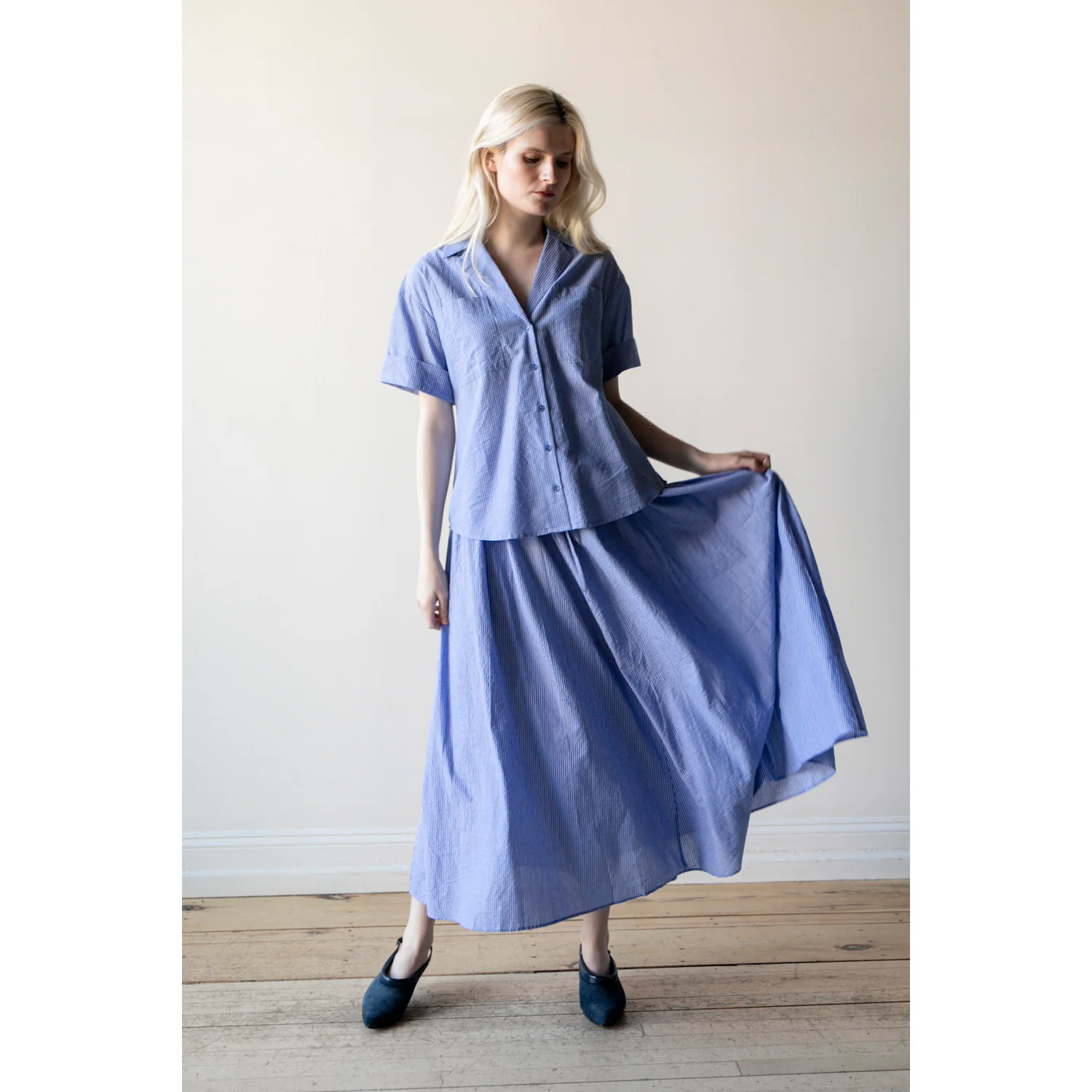Apiece Apart Valenti Button Up in Microstripe Blue & Cream - Image 5