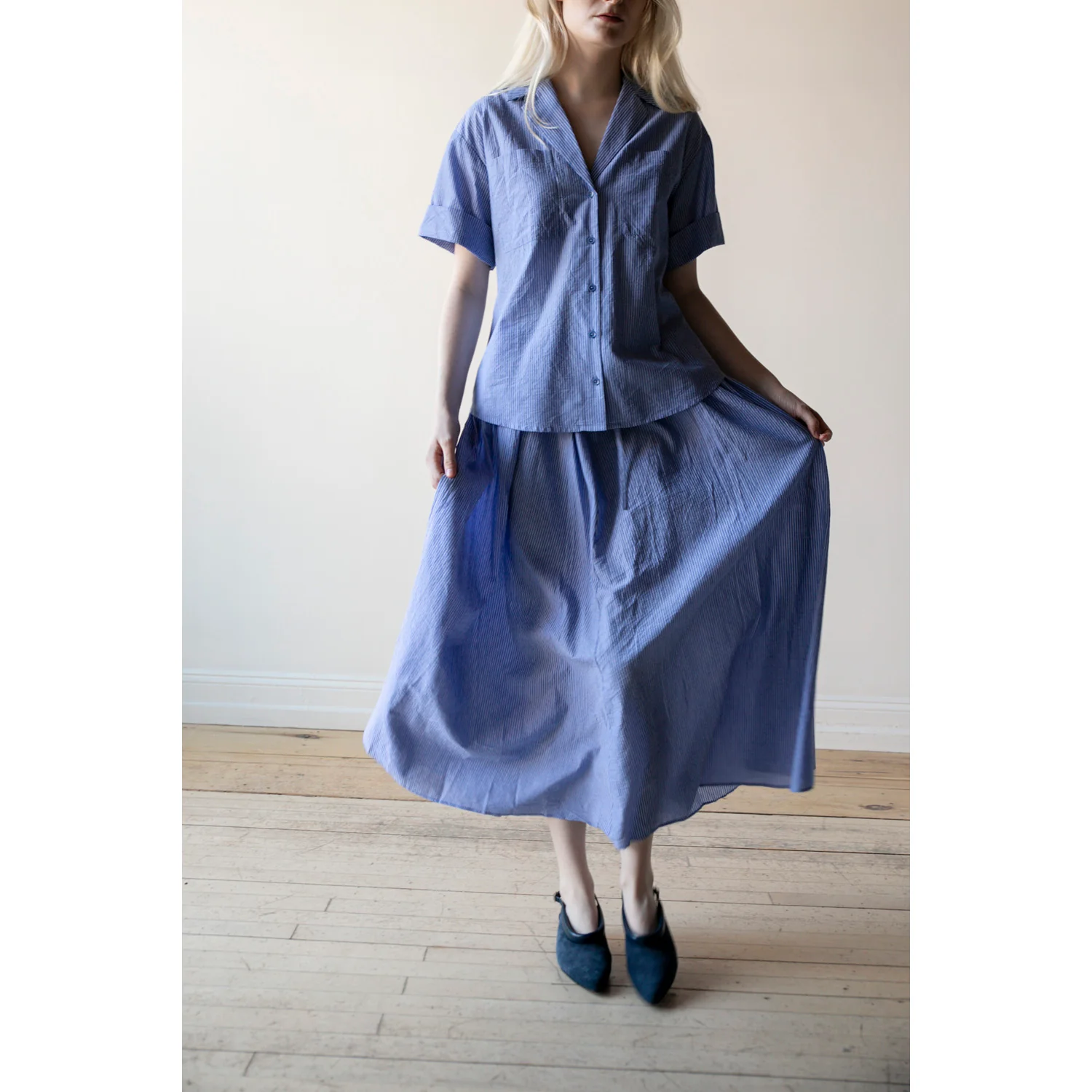 Apiece Apart Valenti Button Up in Microstripe Blue & Cream - Image 6
