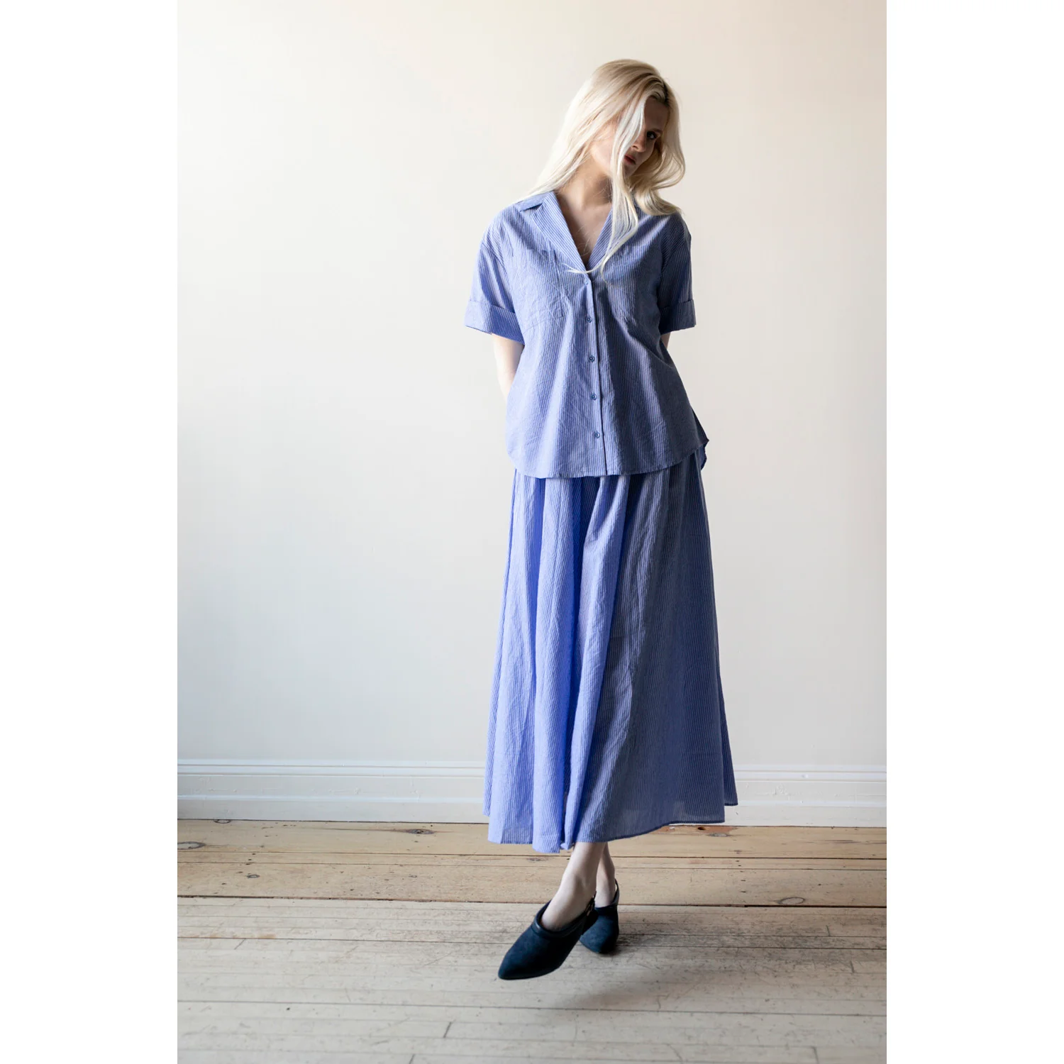 Apiece Apart Valenti Button Up in Microstripe Blue & Cream - Image 4