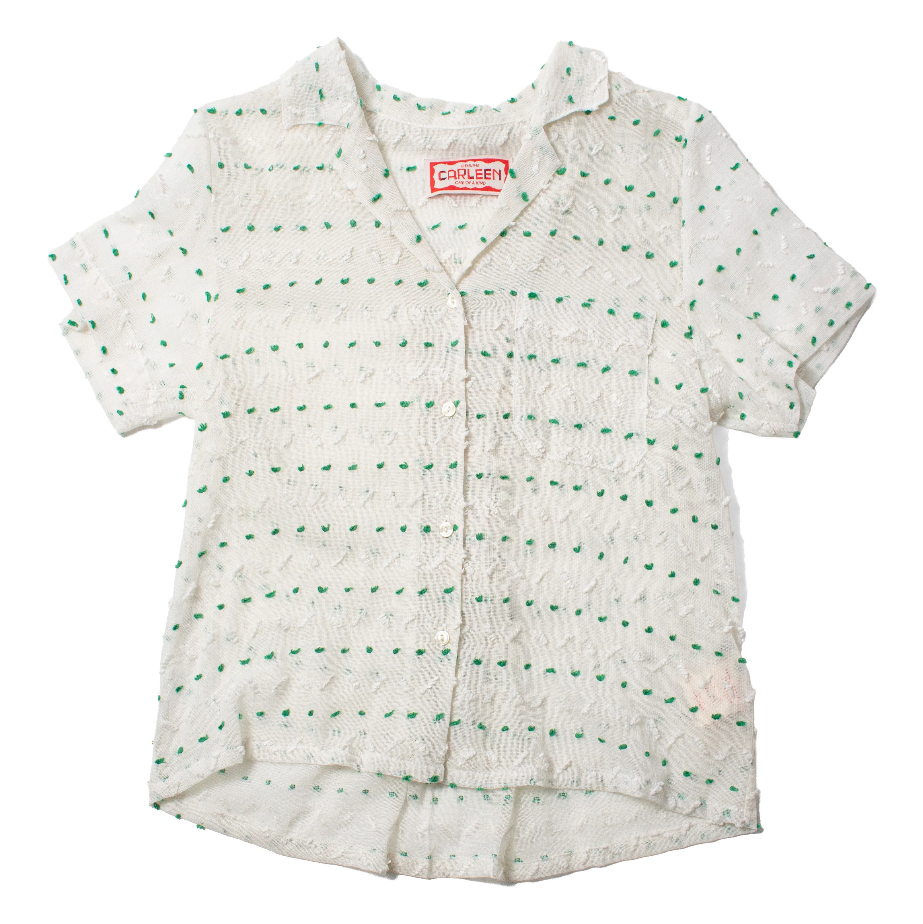 Carleen Nancy Button Waist Shirt in Green/White Curtain Fabric - Image 2