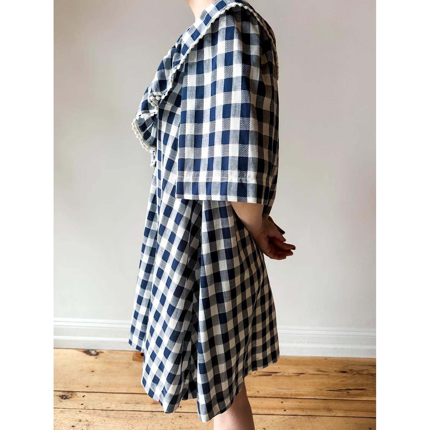 Carleen Ruffle Dress in Navy Gingham - Image 5