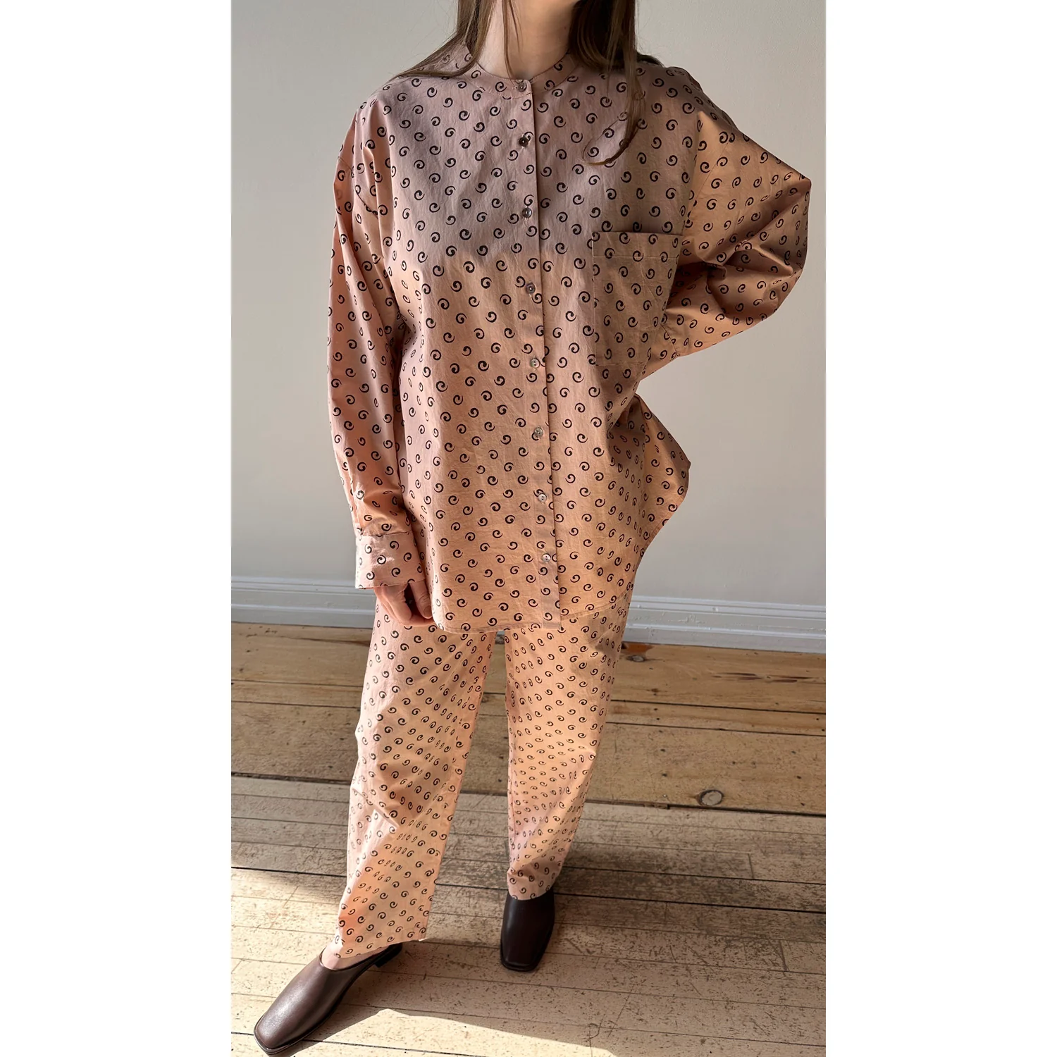Flor Studio Margarita Buttondown in Pink/Brown Swirl - Image 6
