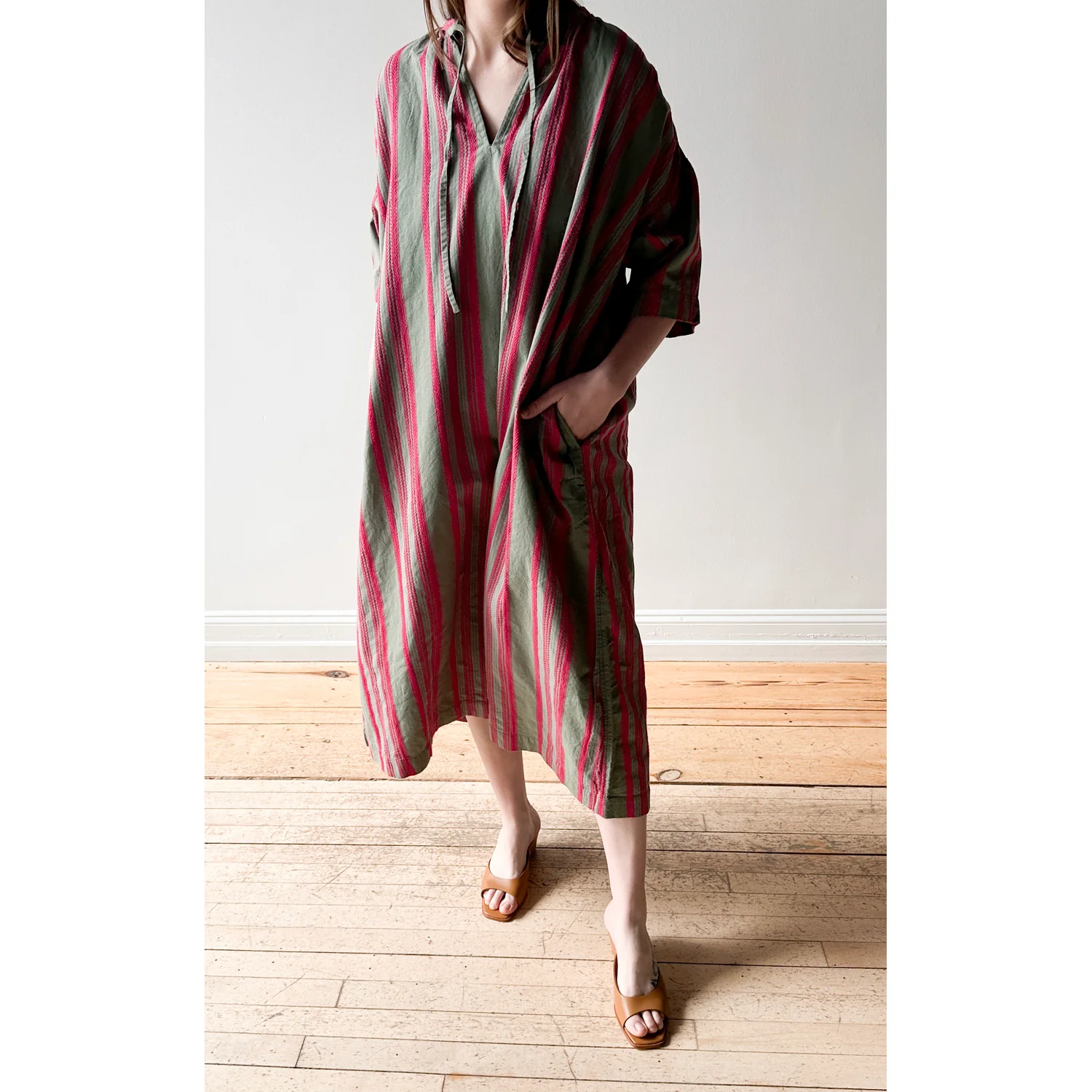 Ichi Antiquities Jacquard Stripe Woven Dress in Khaki x Pink - Image 4