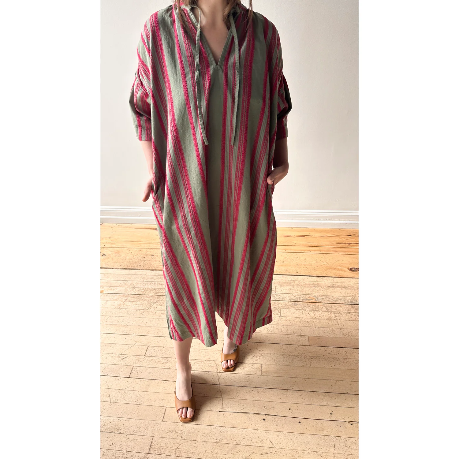 Ichi Antiquities Jacquard Stripe Woven Dress in Khaki x Pink - Image 6
