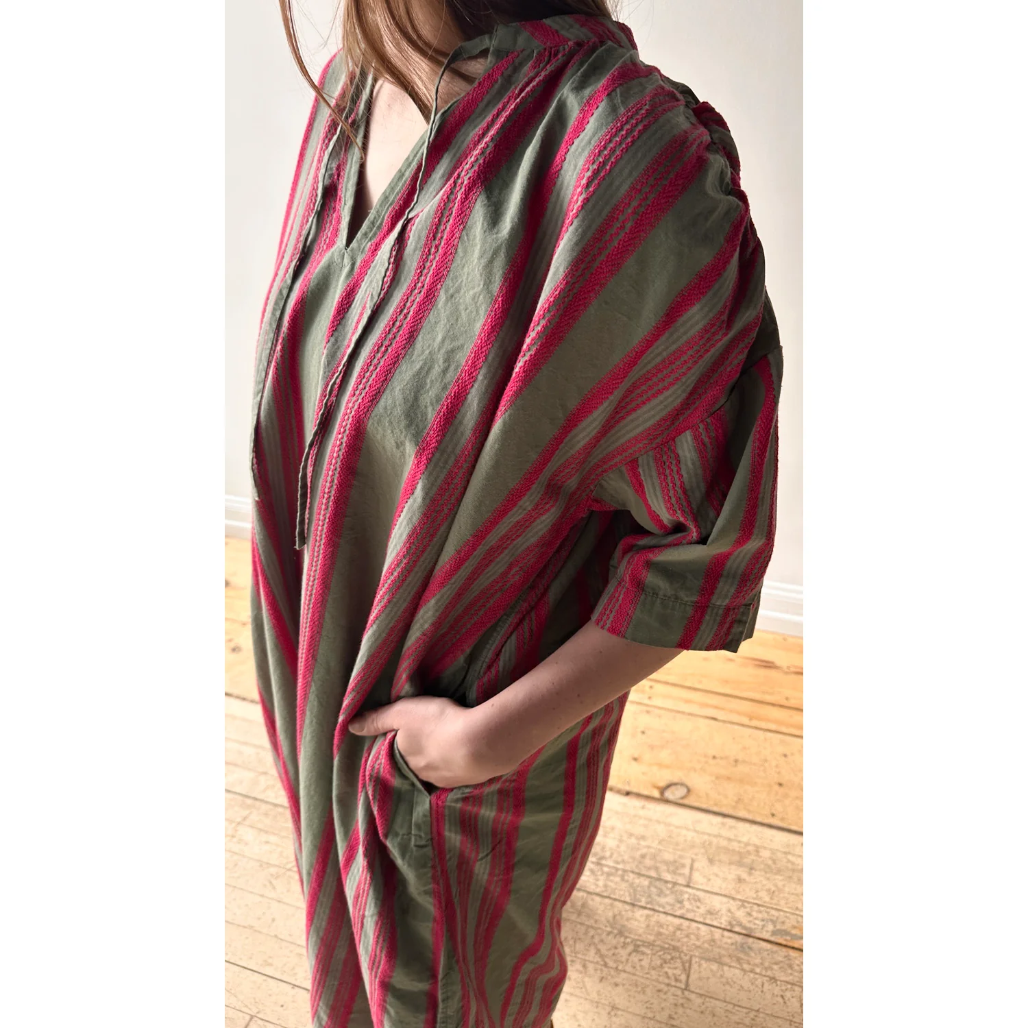 Ichi Antiquities Jacquard Stripe Woven Dress in Khaki x Pink - Image 9