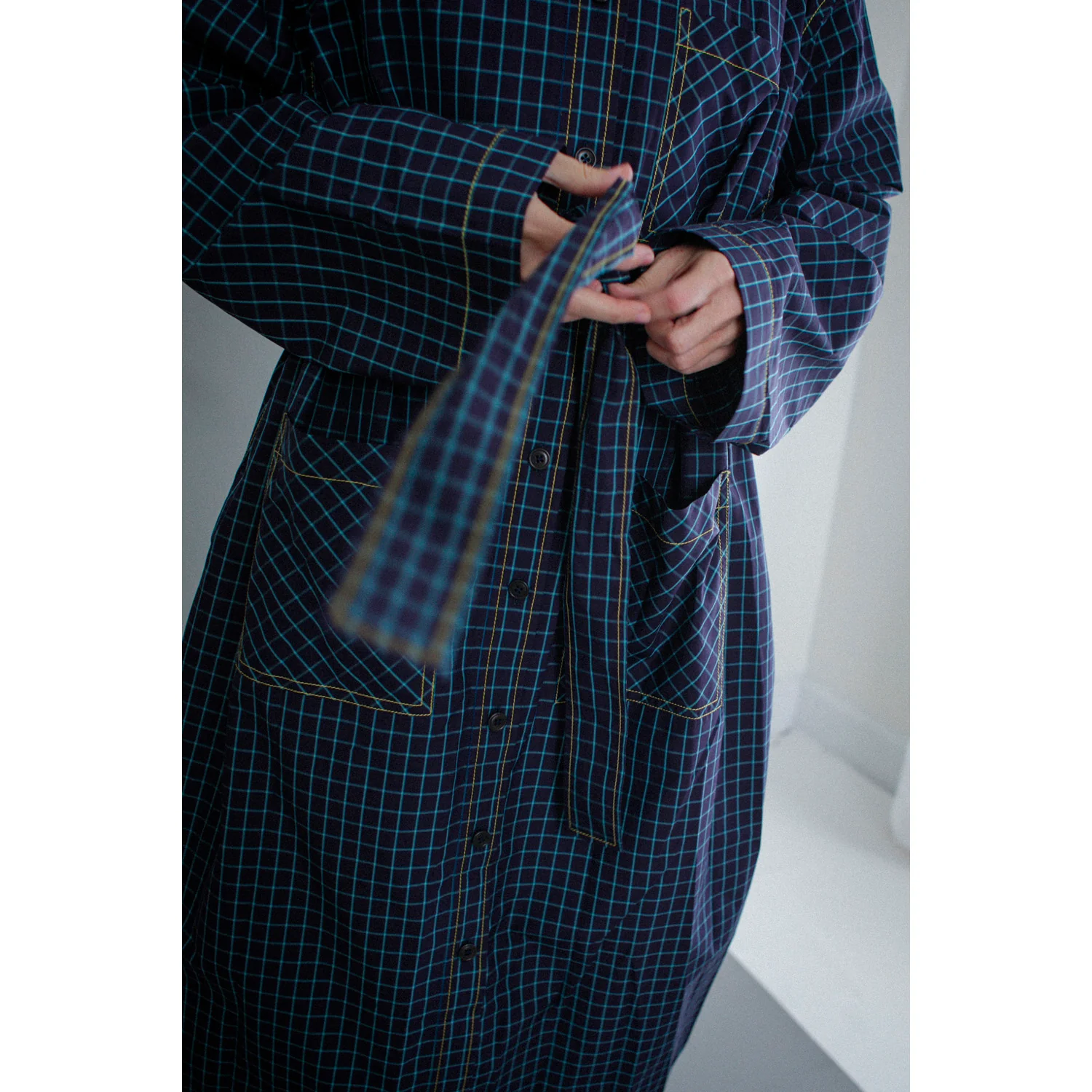 Kasmaria Trench Dress in Blue Windowpane Check - Image 10
