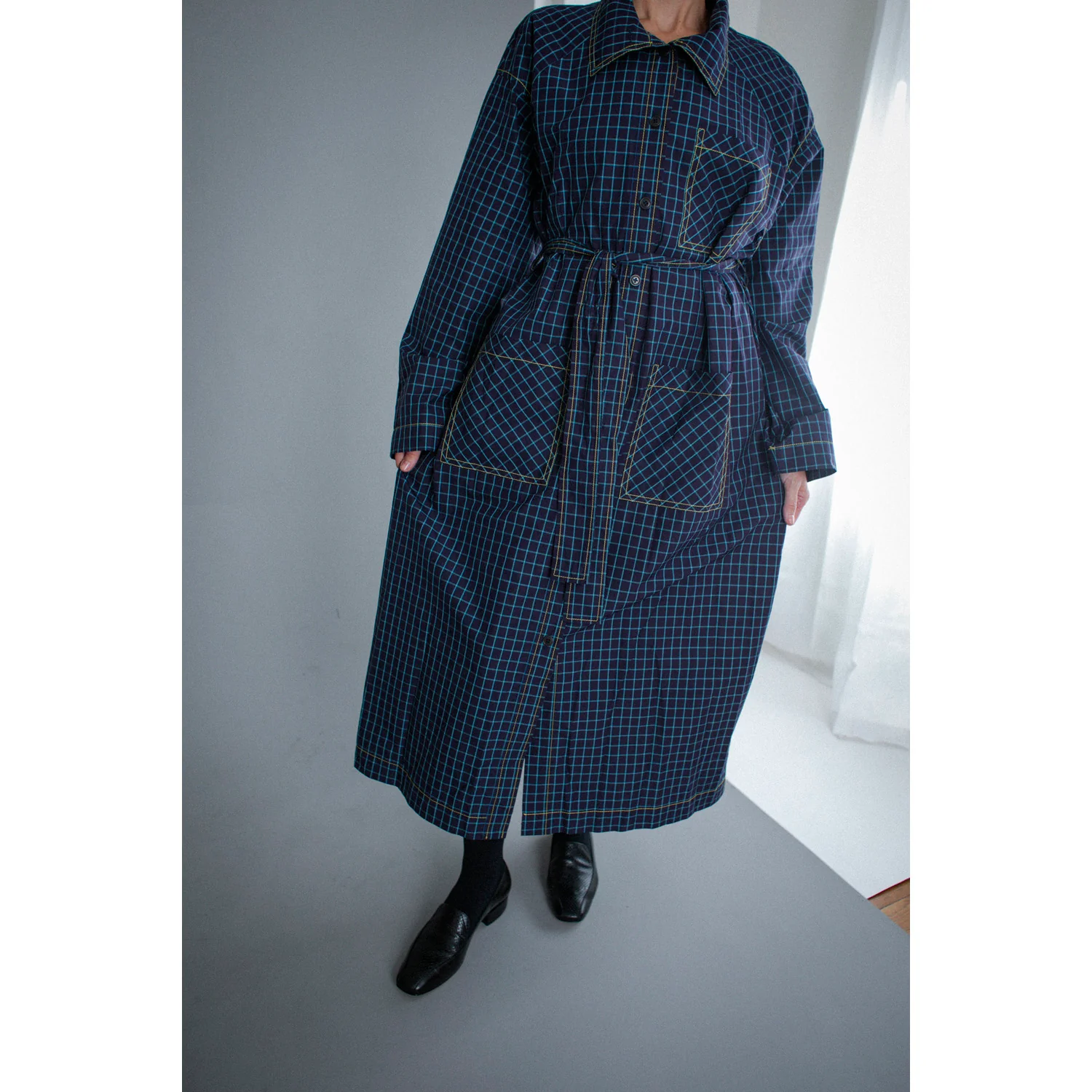 Kasmaria Trench Dress in Blue Windowpane Check - Image 12