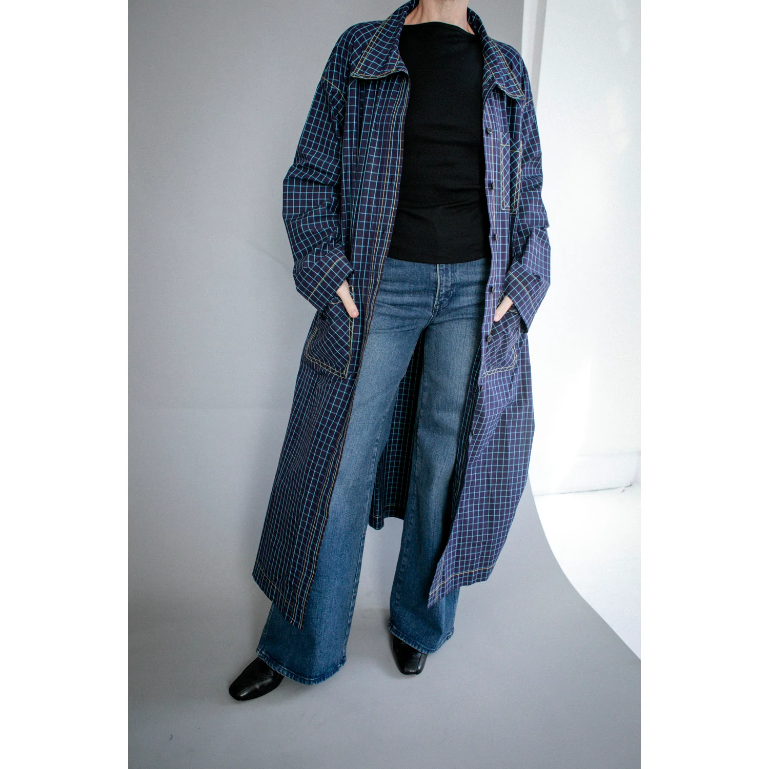 Kasmaria Trench Dress in Blue Windowpane Check - Image 13
