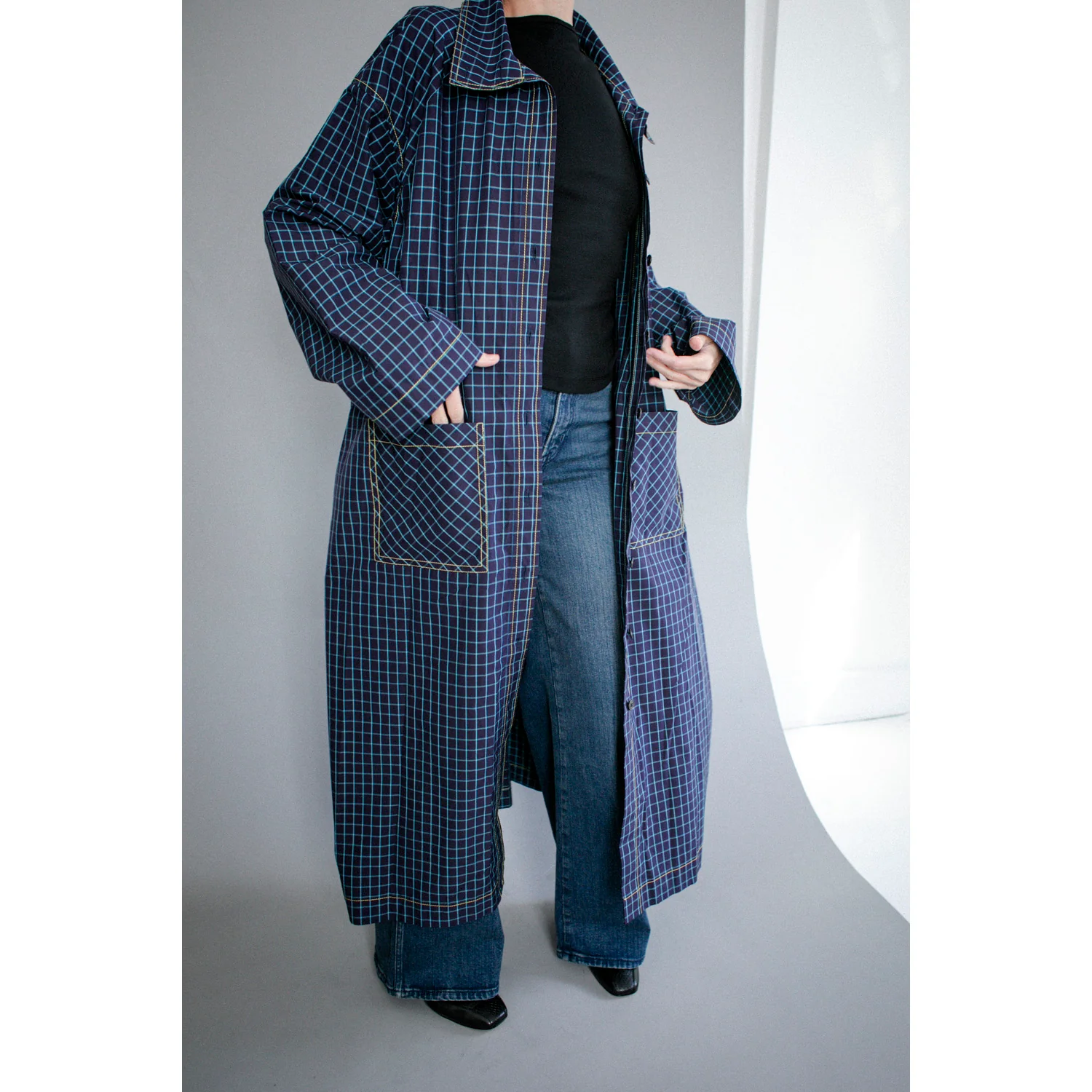 Kasmaria Trench Dress in Blue Windowpane Check - Image 14