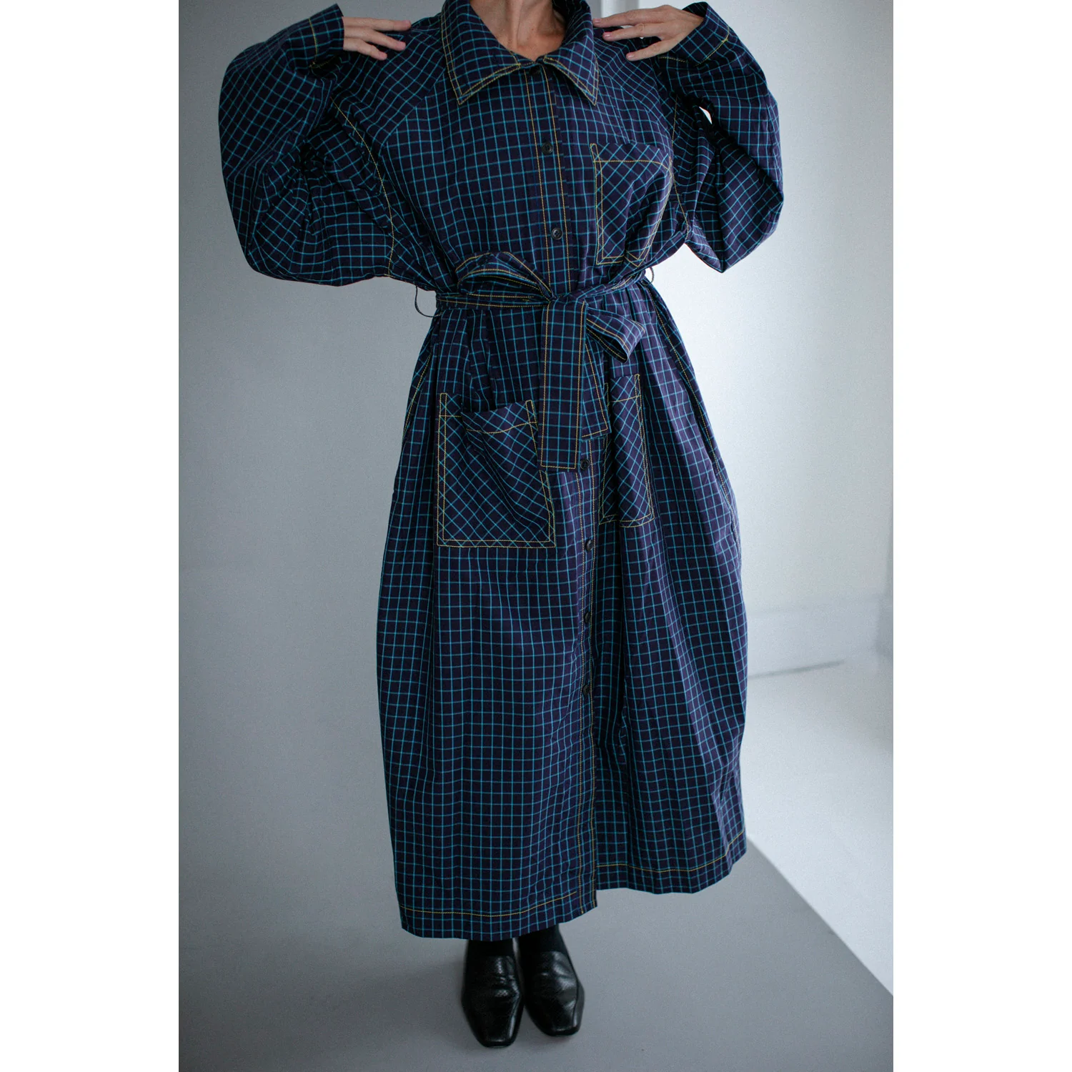 Kasmaria Trench Dress in Blue Windowpane Check - Image 5