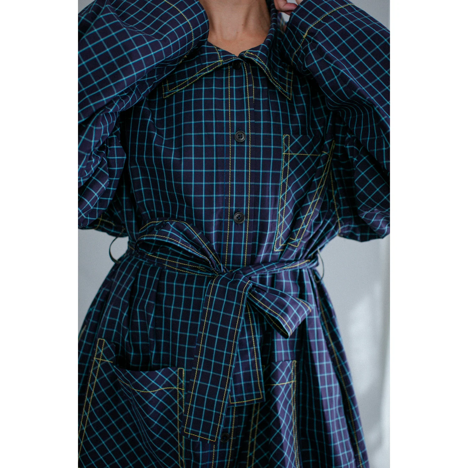 Kasmaria Trench Dress in Blue Windowpane Check - Image 6