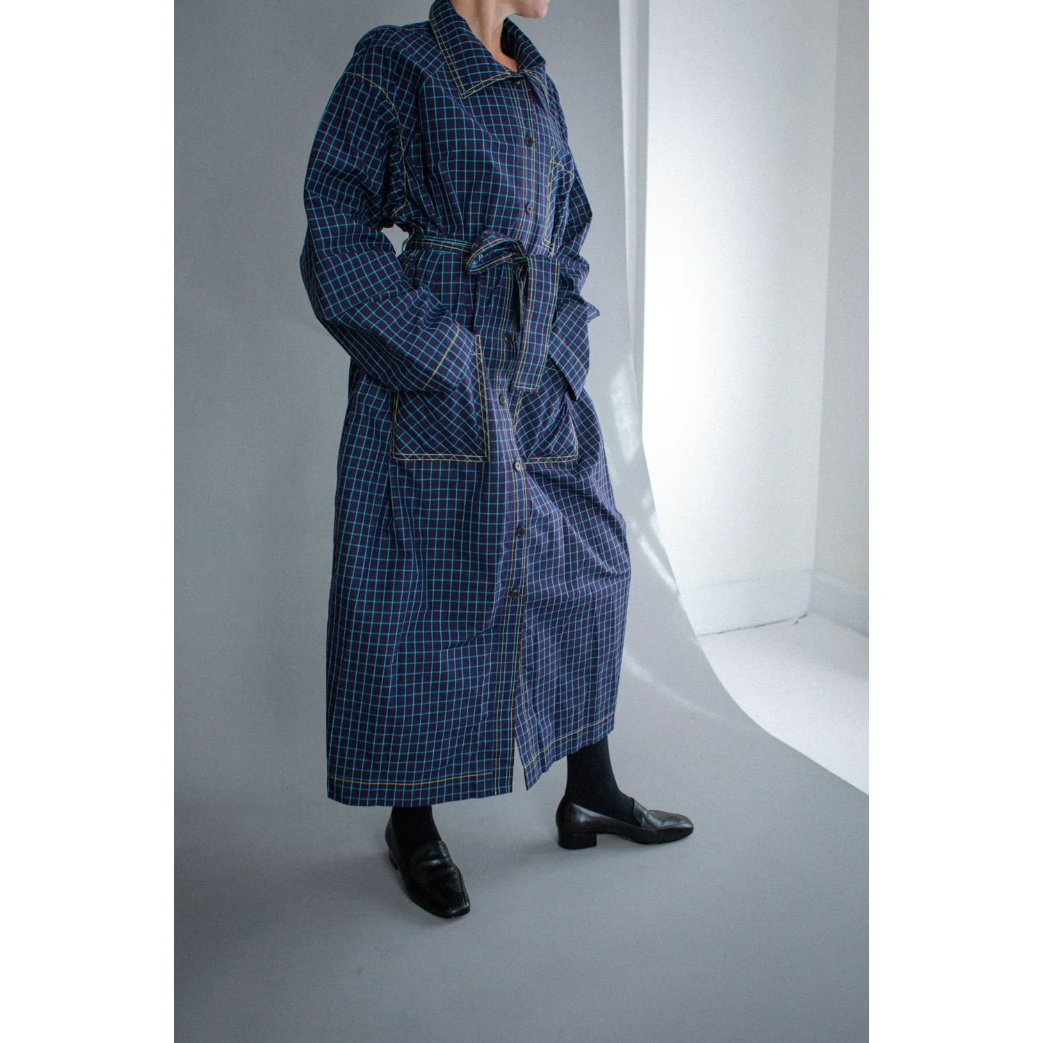 Kasmaria Trench Dress in Blue Windowpane Check - Image 8