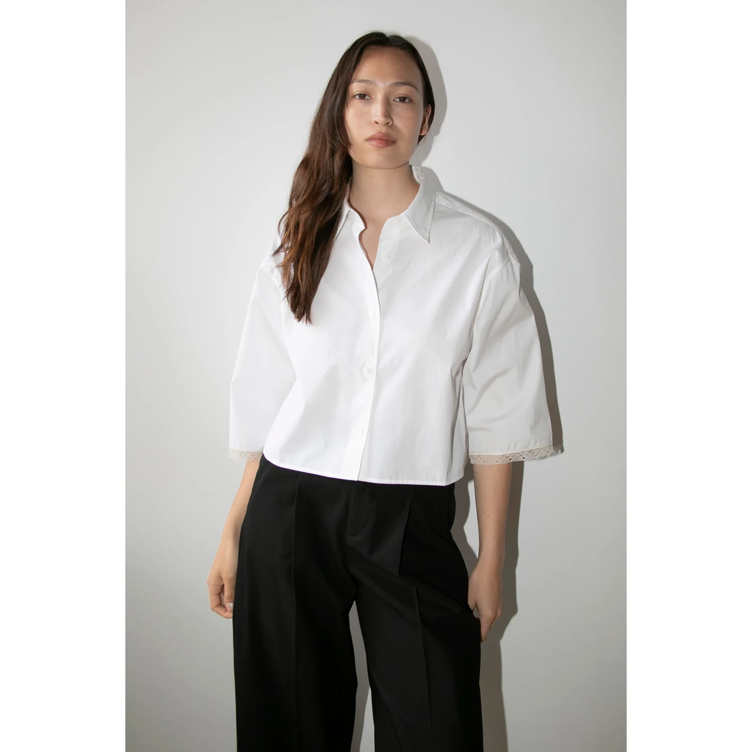 Maria McManus Cropped Lace Short Sleeve Shirt in White - Image 5