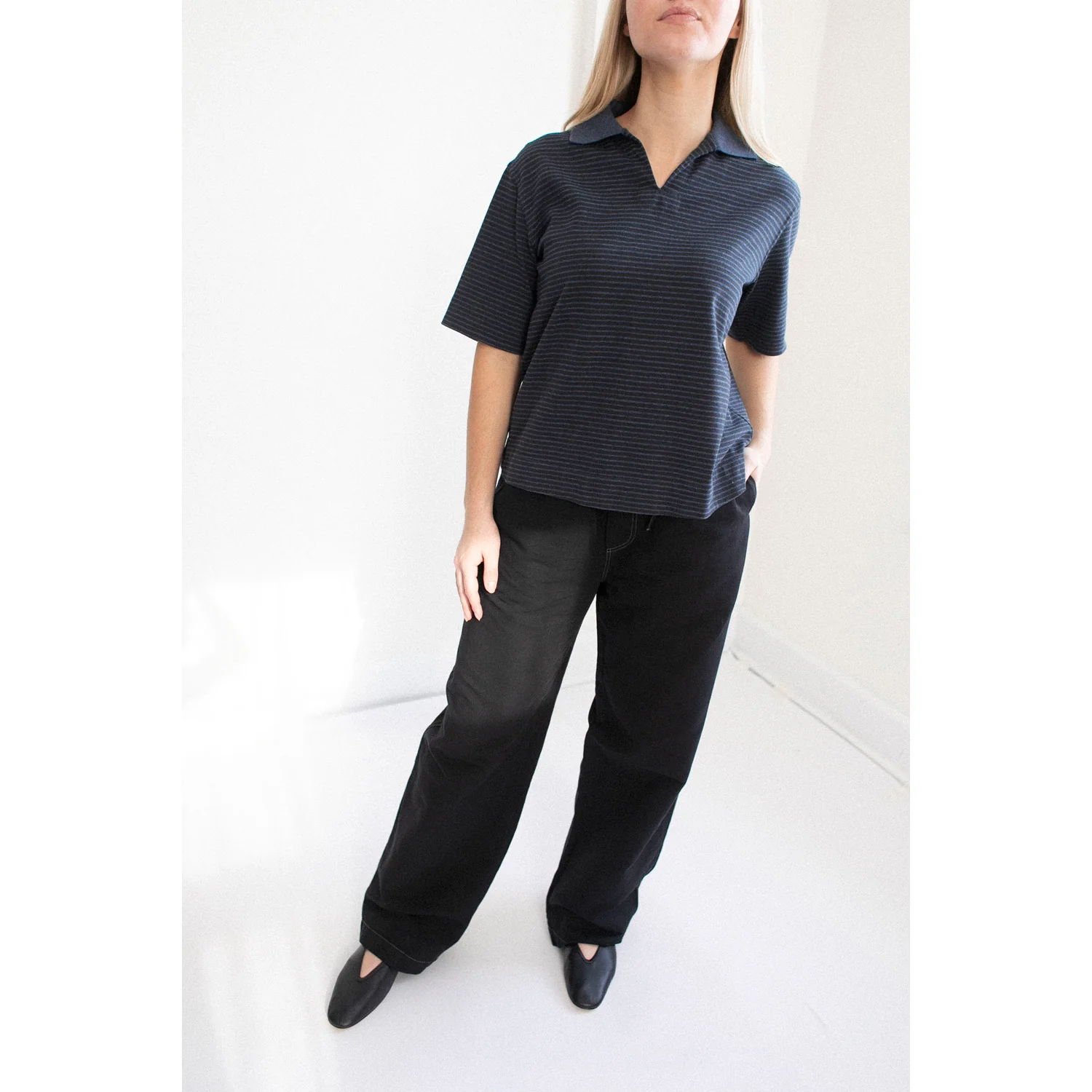 MHL. Boxy Polo in Indigo/Ink Dry Stripe Cotton Jersey - Image 4