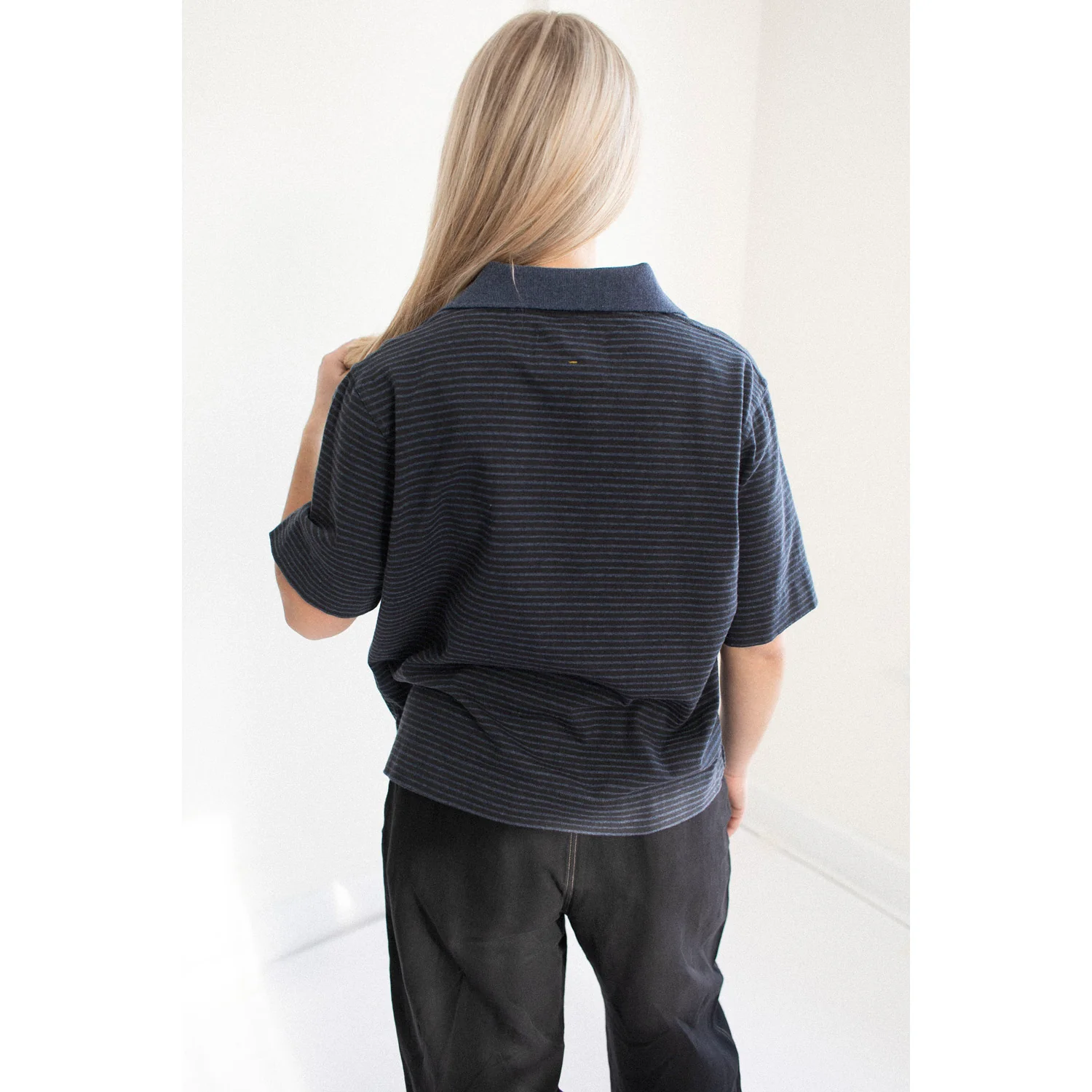 MHL. Boxy Polo in Indigo/Ink Dry Stripe Cotton Jersey - Image 7