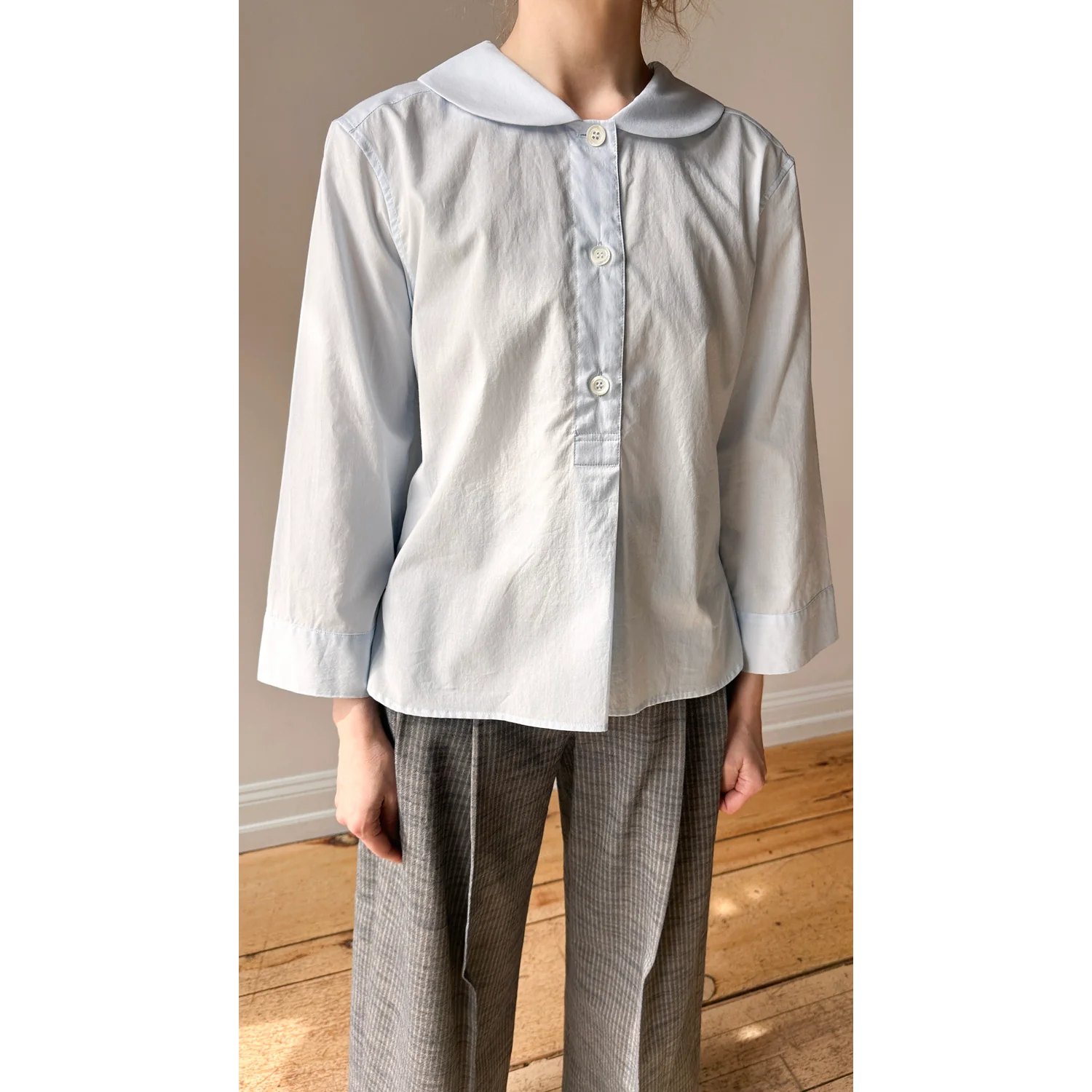 Margaret Howell Petal Collar Shirt in Pale Blue Washed Cotton - Image 5