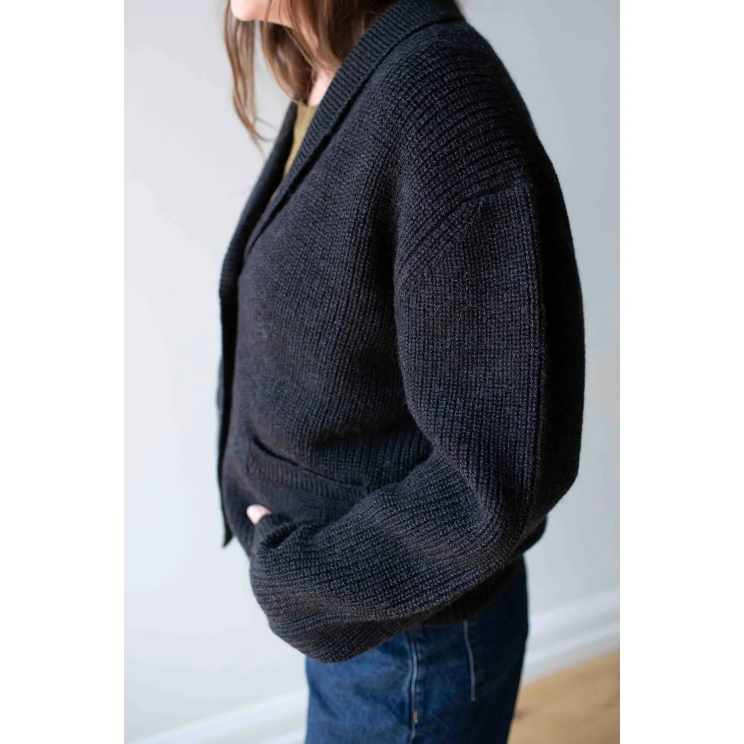 MHL. Shawl Collar Cardigan in Charcoal Wool - Image 6