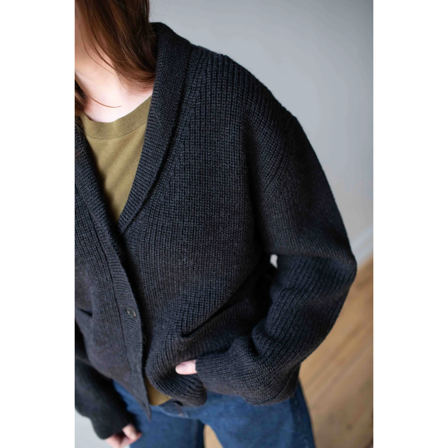 MHL. Shawl Collar Cardigan in Charcoal Wool - Image 7