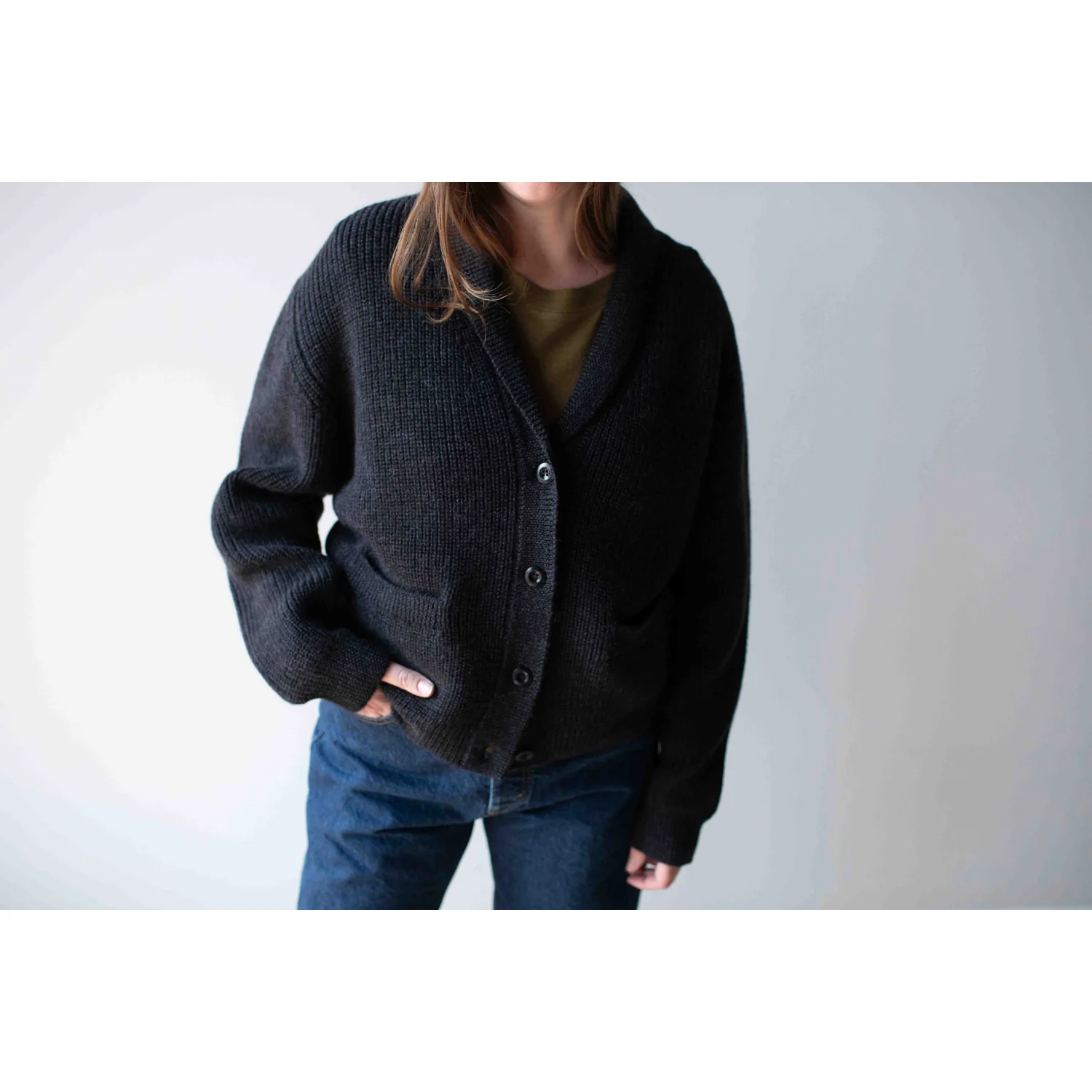 MHL. Shawl Collar Cardigan in Charcoal Wool - Image 9
