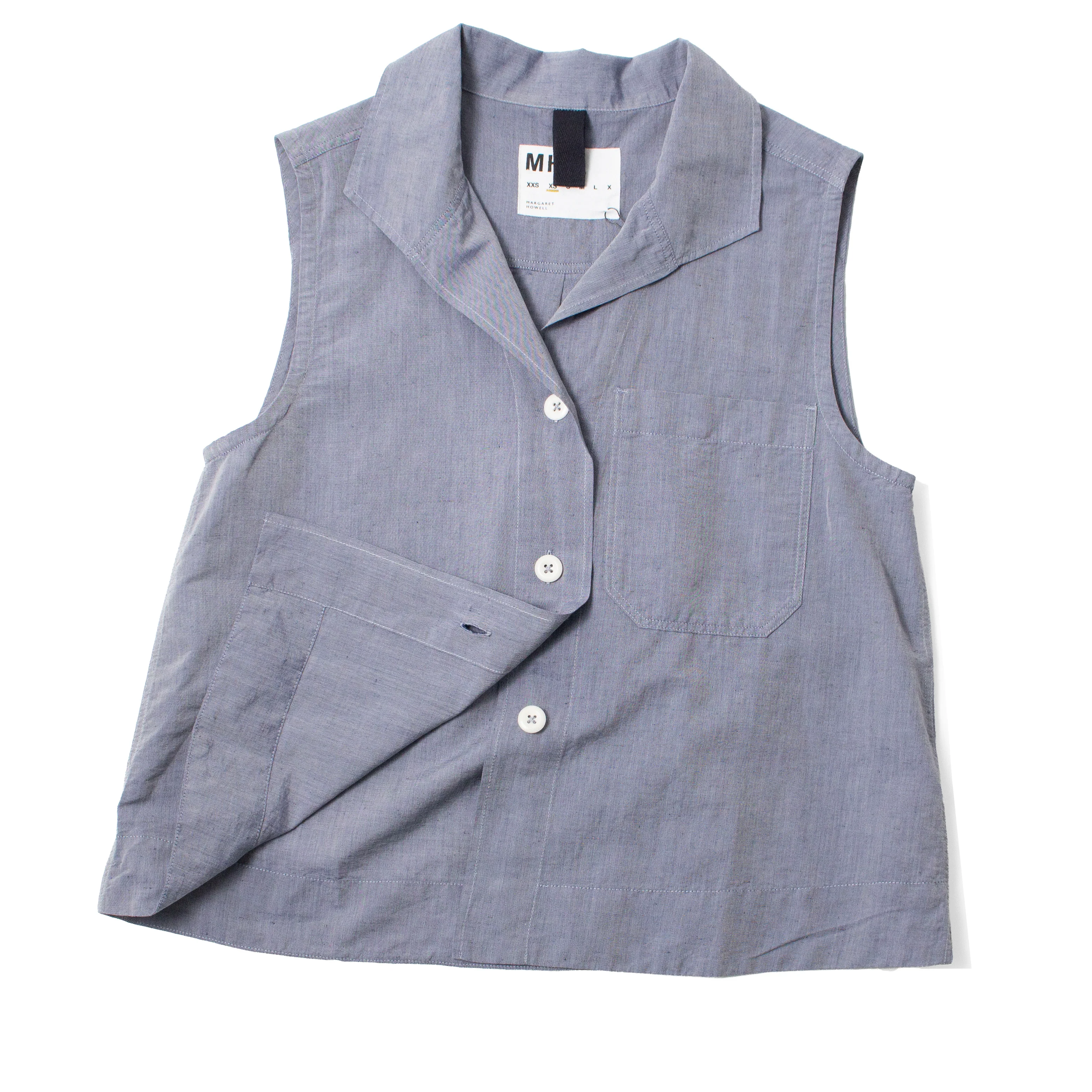 MHL. Sleeveless Sailor Shirt in Storm Blue Lightweight Cotton Linen