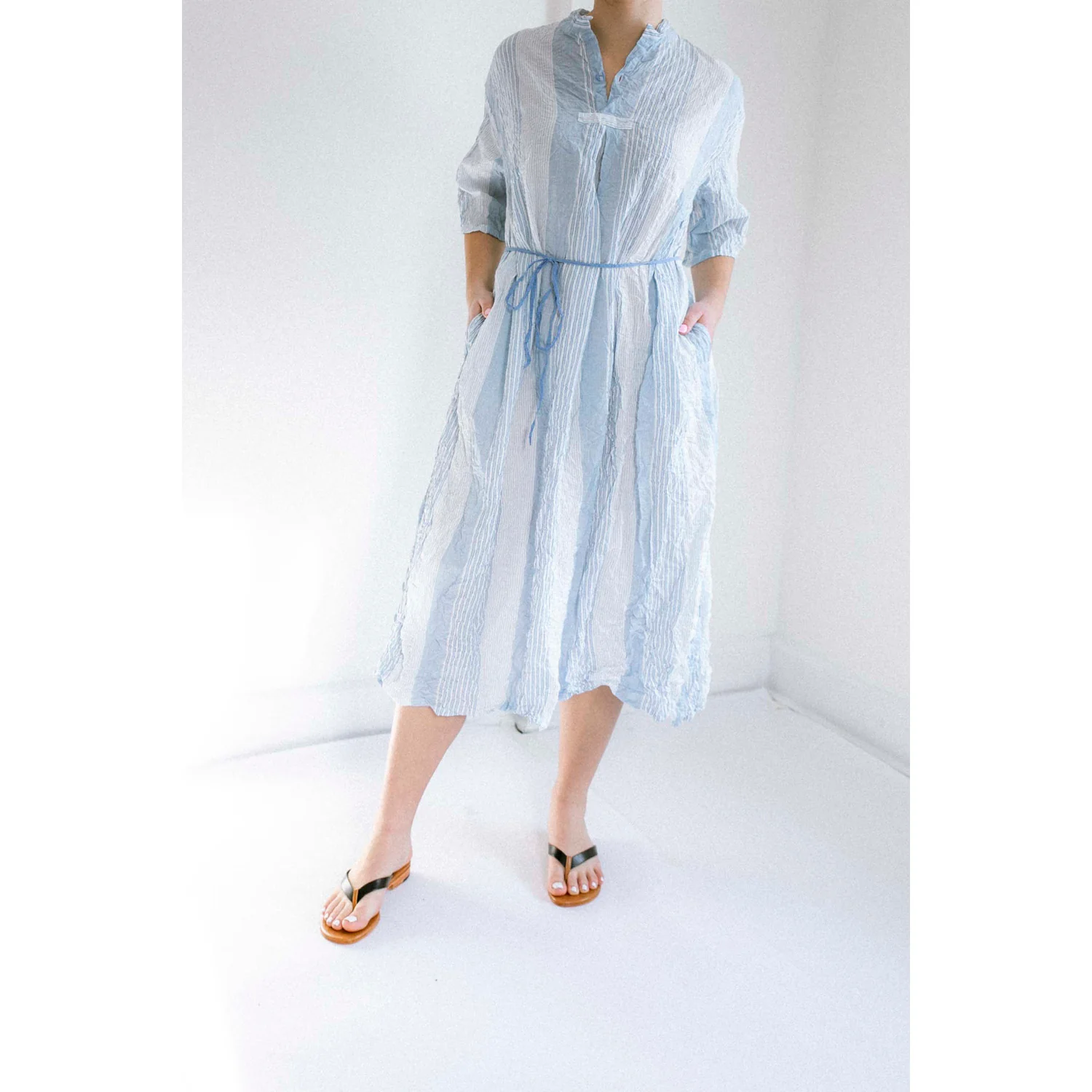 Pas de Calais Blue Shirring Stripe Dress in Off White - Image 4