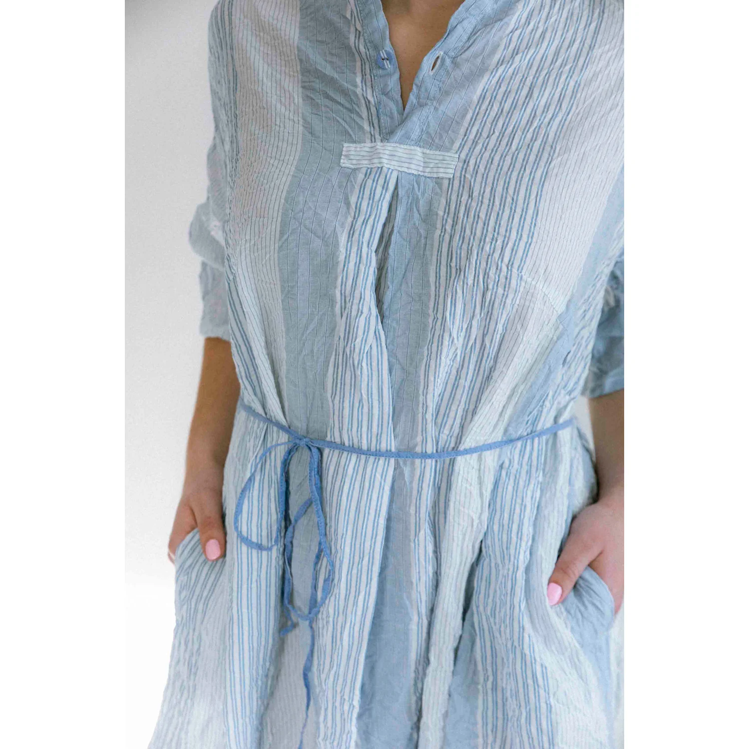 Pas de Calais Blue Shirring Stripe Dress in Off White - Image 5