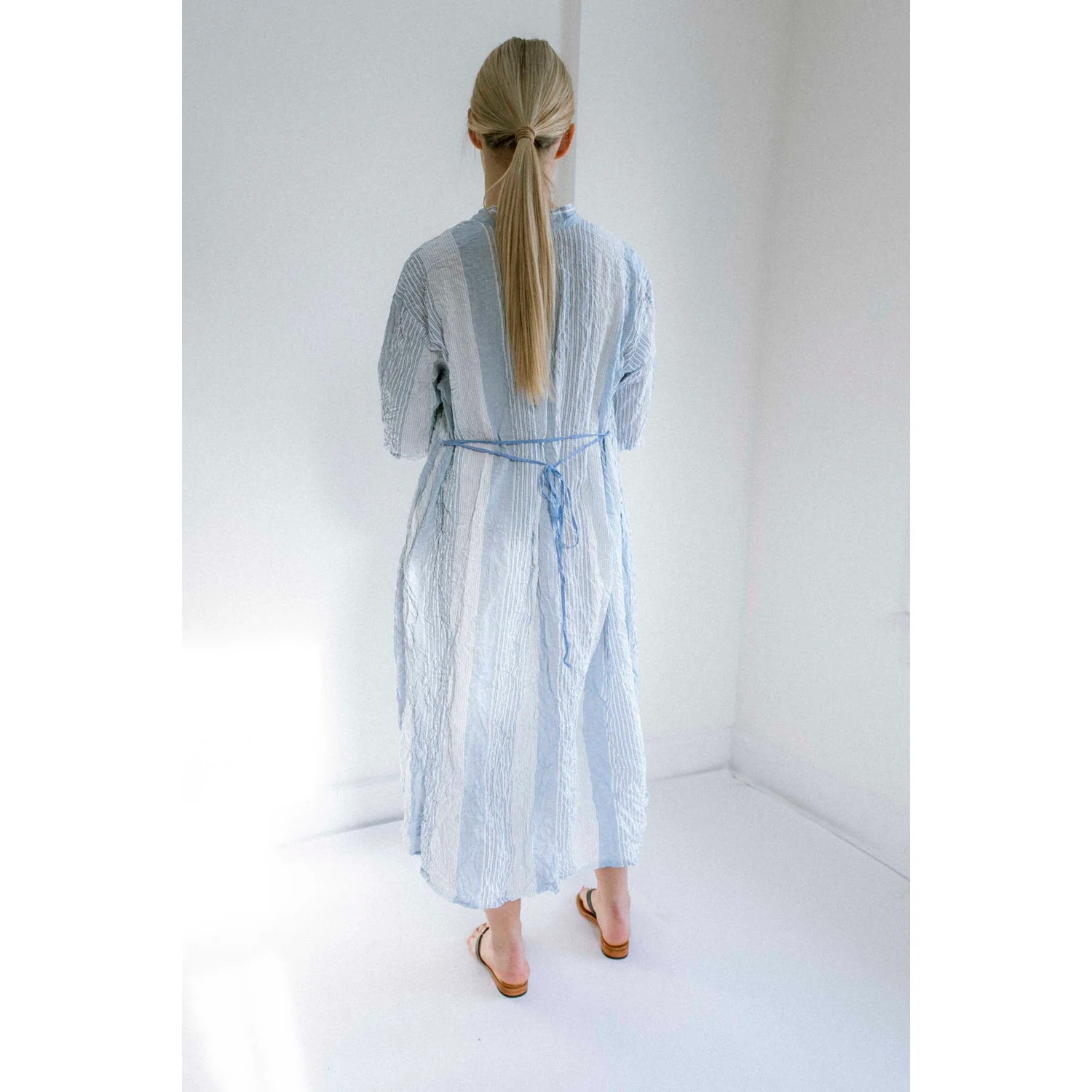 Pas de Calais Blue Shirring Stripe Dress in Off White - Image 8